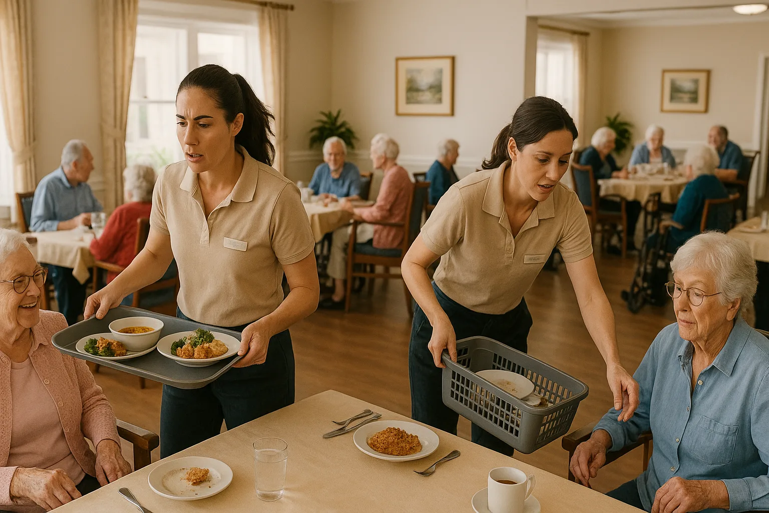 Senior living dining room during lunch rush with staff delivering meals and residents seated. Depicts pressure on dining teams in elder care environments.