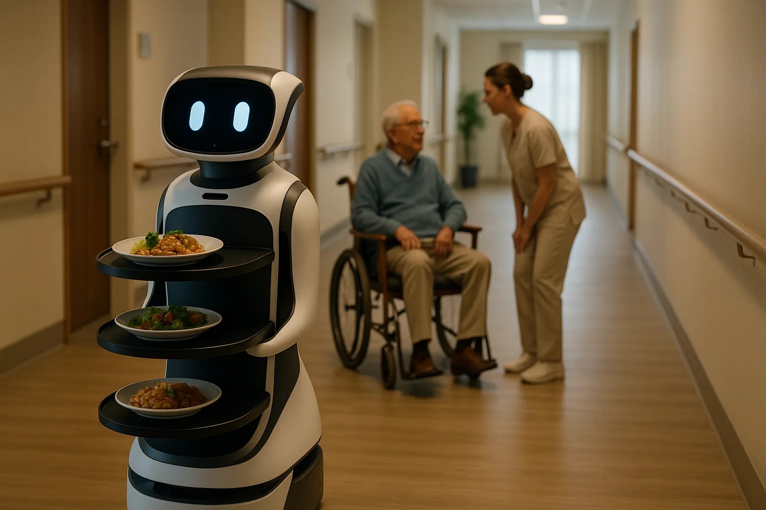 Sleek robotic food server carrying plated meals down a hallway in a senior care facility, while a caregiver speaks with a seated elderly resident