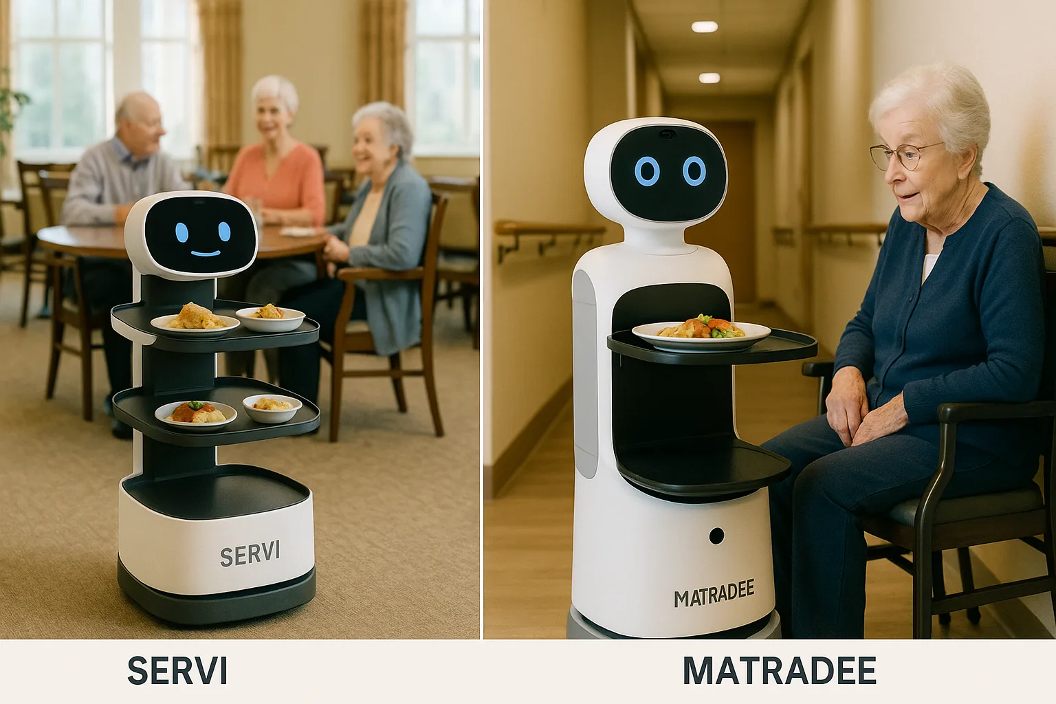 Side-by-side image of Servi and Matradee robots delivering food in a senior living facility, with smiling residents observing
