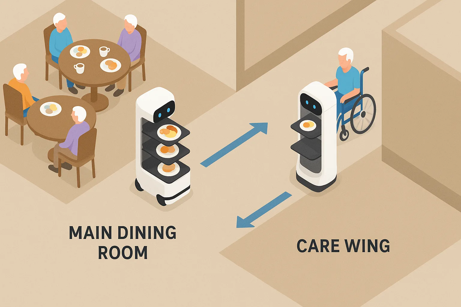 Two robotic food servers operating in parallel at a senior living facility—one in the main dining room, one in a care wing